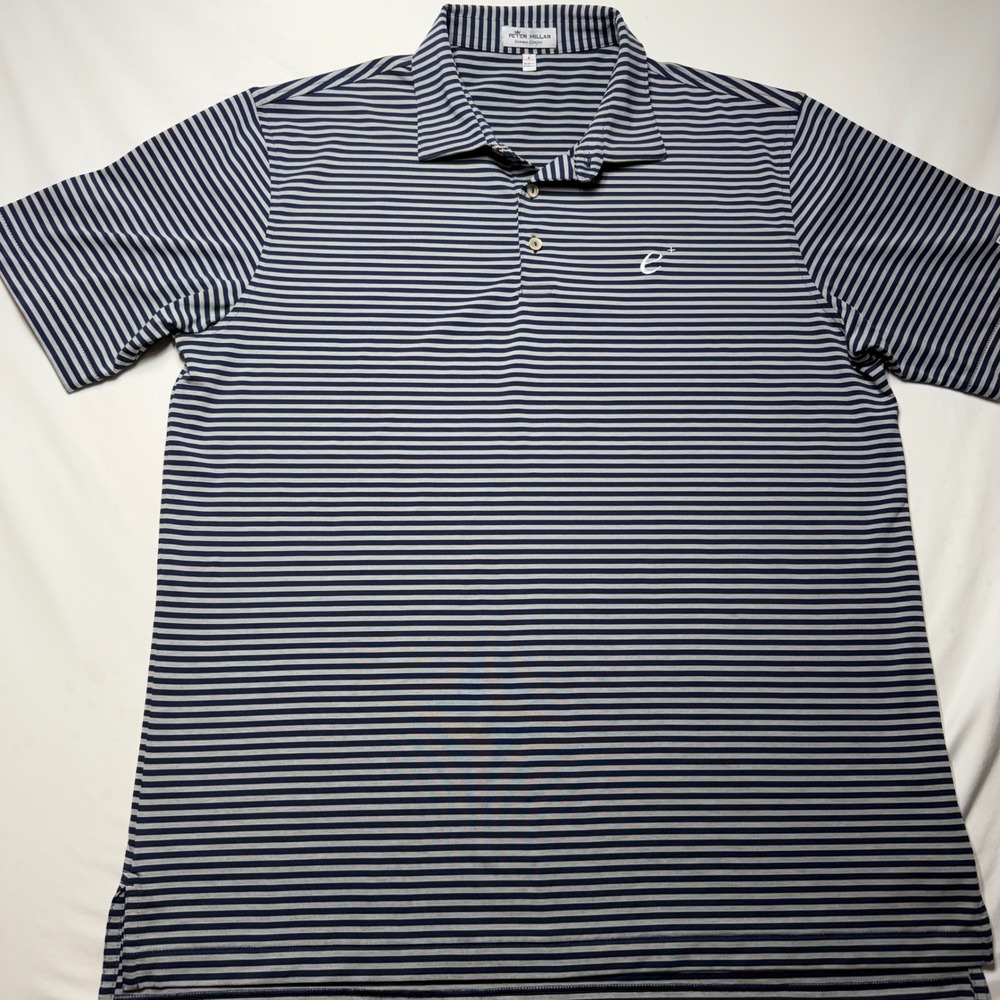 Peter Millar Summer Comfort Polo Men Large Navy Gray Striped Fortinet Golf Shirt